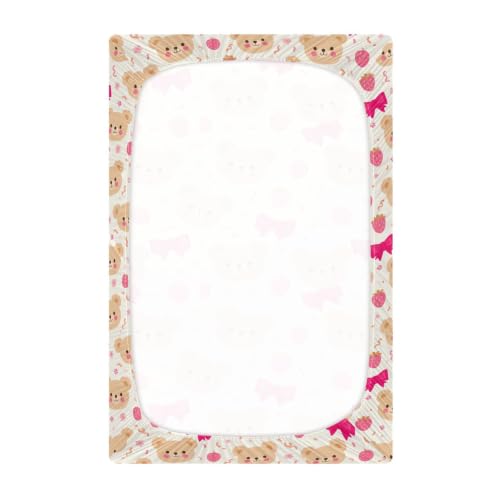Image of Crib Sheet Breathable Soft Crib Mattress Sheet for Baby Toddler Boys Girls Fitted Pack n Play Crib Sheet Fit Standard Crib Mattress 52 x 28 Inch Beige Pinks Strawberry Bear Bow