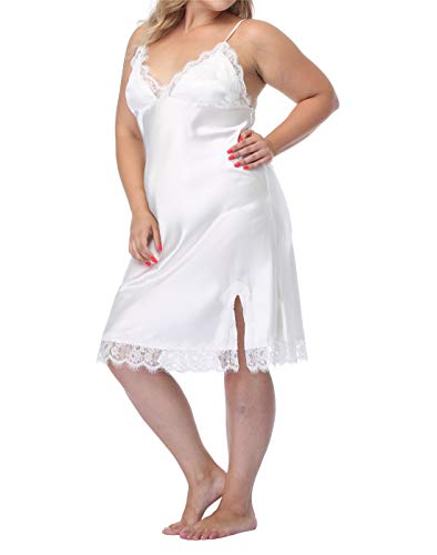 Women's Plus Size Full Slips Lace Chemise Lingeries Sexy Front Slit Negligees Silky Nightgown Sleepwear