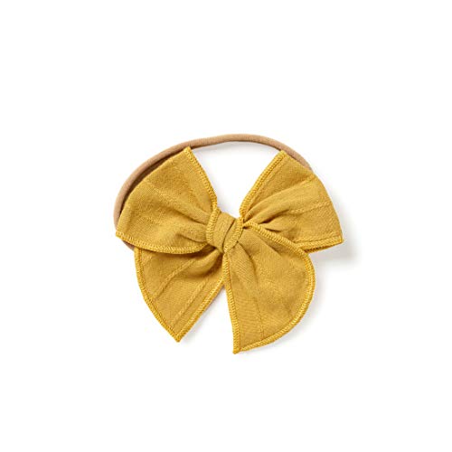 Little Poppy Co. Bows Handmade Claire Bow - Solid Embroidered Stripe, Premium Stylish Accessories for Girls & Babies (Mustard, Original Nylon)