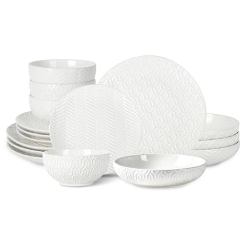 Sureasy Dinnerware Sets 16-Piece, Ceramic Plates and Bowls Set, Kitchen Dishes Set for 4, Housewarming Wedding, Service for 4 (Dinner Plates, Salad Dish, Pasta Bowls and Cereal Bowls), White Cover