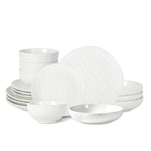 Sureasy Dinnerware Sets 16-Piece, Ceramic Plates and Bowls Set, Kitchen Dishes Set for 4, Housewarming Wedding Gift, Service for 4 (Dinner Plates, Salad Dish, Pasta Bowls and Cereal Bowls), White