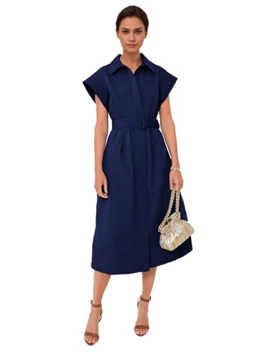 Women's Casual Button Shirt Dresses Short Sleeve Business Long Dresses Elegant Trench Coat with Pockets