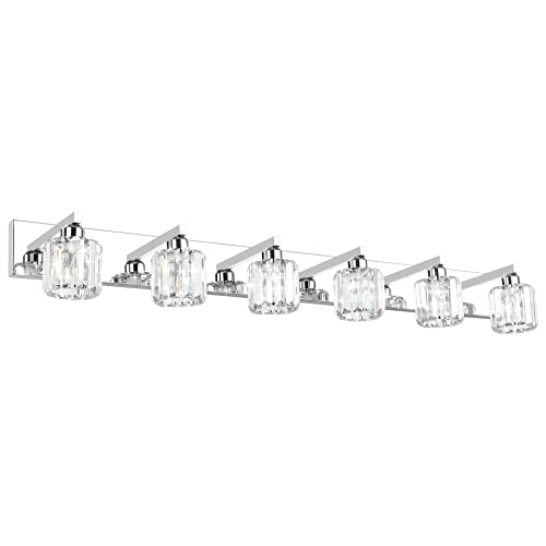 Image of Aipsun Bathroom Vanity Light Crystal Vanity Lighting Fixtures 6 Lights Chrome Vanity Light for Bathroom (Exclude Bulb)