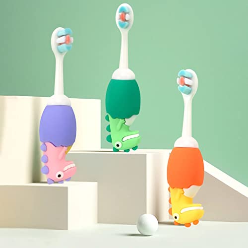 Image of Adore Dino Brush Toddler Manual Toothbrush Comfortable To Use Deep Cleaning Dense Bristle Animal Design Funny Children Toothbrush For Home (Pink), 1 count