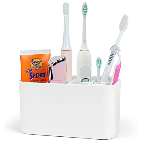 VECH Toothbrush Holder Bathroom Tooth Brush Holder Organiser Wall Mounted No Drill Plastic Storage Electric Toothbrush Holders for Bathrooms (White) Cover