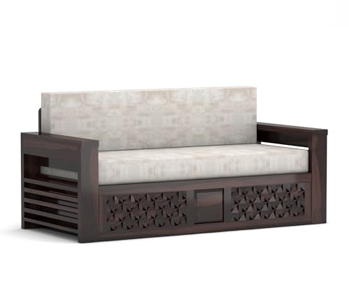 Image of Solid Wood Sofa Cum Bed for Living Room | Wooden Pull-Out Sofa Bed with Carved Front Design | Modern 3 Seater Convertible Diwan Bed for Home & Guest Room (Walnut Finish)