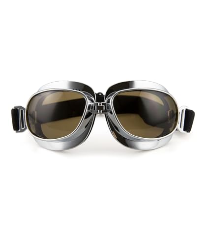 CRG Sports Vintage Aviator Pilot Style Motorcycle Cruiser Scooter Goggle T04 T04ST Smoke lens, silver frame