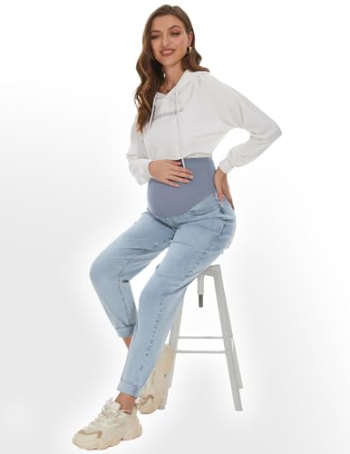 Poshglam C-MB062-LBU-M Women'S Maternity Jeans Over Belly Comfy Stretch Boyfriend Jeans Denim Pregnancy Pants thumb #3