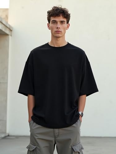 Image of Nobero 100% Cotton Oversized T Shirts for Men Stylish | Oversized Fit | Solid T Shirts for Men 180 GSM Combed Cotton | Round Neck Half Sleeve