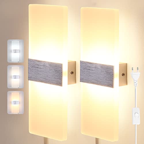 Glighone 2 * 12W Applique Murale Interieur LED, Tricolore Dimmable Lampe Murale Moderne Up Down Lumière avec Prise et Interrupteur Argent Acrylic pour Chambre Couloir, Blanc Chaud/Froid/Neutre Cover