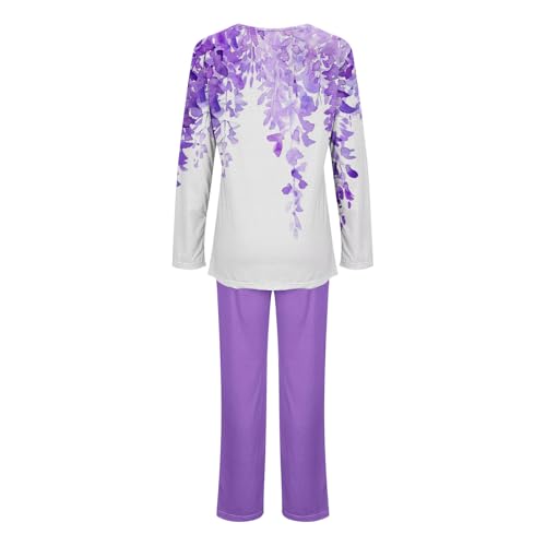 Conjunto de calças para jovens, floral, ajuste solto, 2 peças, conjunto de pijama feminino 2024, D-3