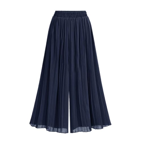 Women Flowy Chiffon Palazzo Capris Dressy Casual Summer Wide Leg Pantalones Elastic Waist A-Line Pleated Culottes