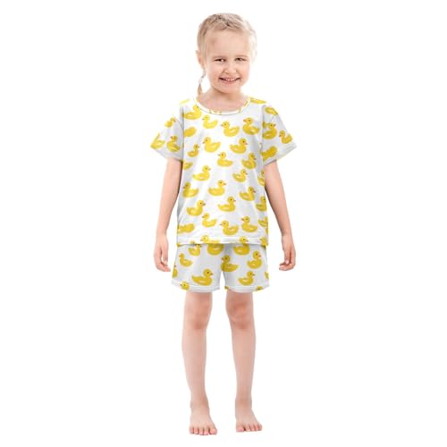 ALAZA Yellow Duck on White Pajamas Set Short Sleeve Cotton Sleepwear Summer Pjs 2 Piece 5-14Y3