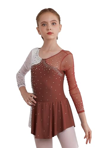 Agoky Mädchen Langarm Skaterkleid Glitzer Eiskunstlauf Kleid Tanzkleid Mesh kurz Swing Tutu gefaltet Röckchen mit Slip Rot Braun I 158-164/13-14...