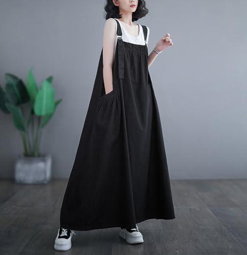 Image of Women's Casual Loose Denim Dress Sleeveless Adjustable Straps Denim Jumper Dress with Pockets