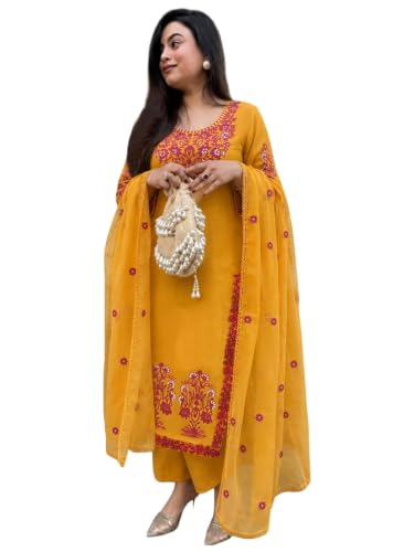 GoSriKi Ensemble kurta pour femme en viscose brodé | Pantalon Kurta Dupatta | Ensemble kurti droit pour femme | Col rond manches 3/4 costume ethnique | Tenue kurti indienne design avec pantalon