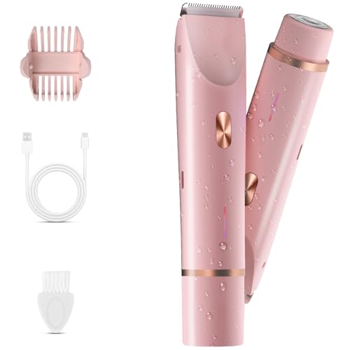 Bikini Trimmer for Women 2 in 1 Electric Razor & Bikini Shaver for Womens IPX7 Waterproof Body Hair Trimmer and Facial Hair Remover Pink
