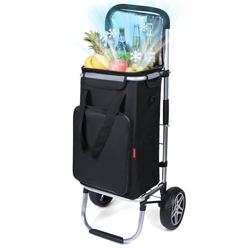 YEAUPE PRO Chariot de Courses, Capacité 50 L - Cadre en Aluminium, 2 Roues, Chariot 3 en 1 avec Sac Isotherme - pour Supermarché, Picnic, Voyages - Noir