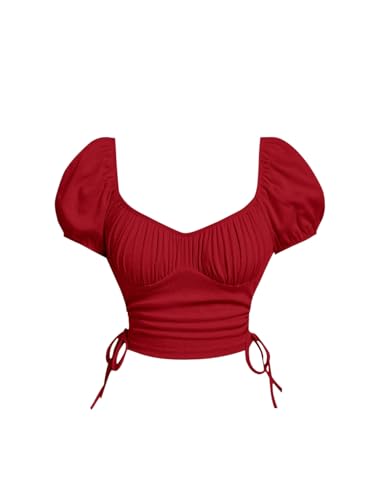 BEAUDRM Women's Ruched Crop T Shirt Puff Sleeve Drawstring Side Slim Tee Top Red Medium