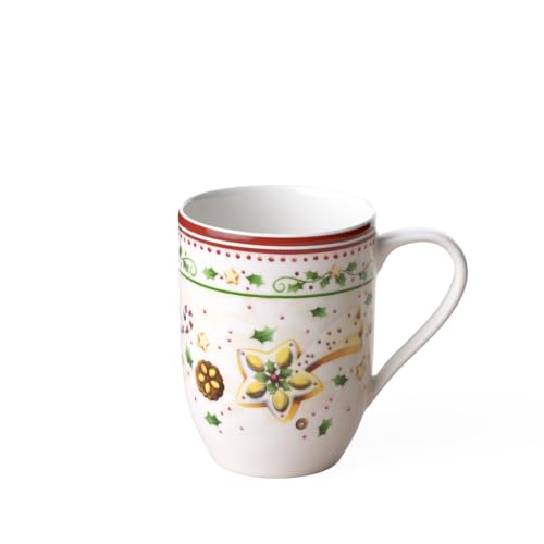 Villeroy & Boch Winter Bakery Delight Kaffeebecher Sternschnuppe, 370 ml, Premium Porzellan, Weiß/Rot/Beige