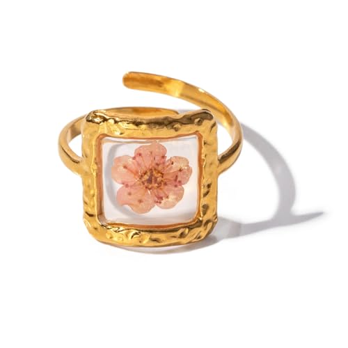 Handmade Dried Flower Statement Ring for Women Gold Plated Stainless Steel Adjustable Pressed Blossom Forget-Me-Not Flowers Open Band Rings Wedding Holiday Jewelry Gift
