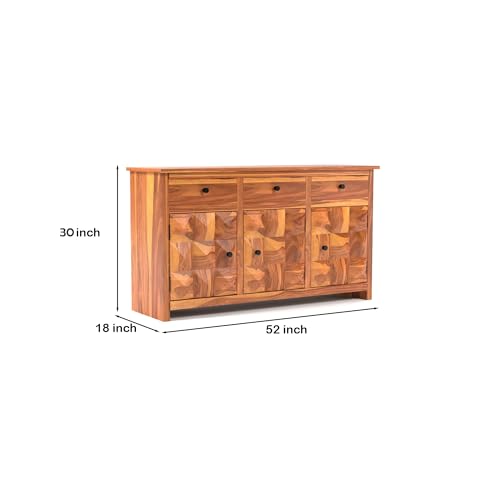 Image of Solid Sheesham Wood Wooden Sideboard Storage Cabinet & Chest of Drawer : Ideal for Living Room and Bedroom with 3 Drawers and 3-Shelf Storage (Morse, Honey Finish)