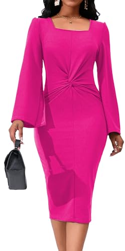 Image of Dresses for Women Elegant Long Sleeves Ruffles Pencil Knee Length Split Business Dress with Belt Zipper