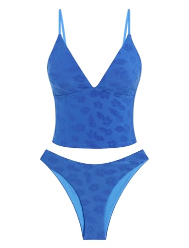 Image of ZAFUL Women's V Neck Tummy Control High Waisted Tankini Swimsuits | Adjustable Spaghetti Strap, Sexy Plunging Neck, Tummy Control Tank Top, Tie Side Cheeky Bikini Bottom, 2 Piece Bathing Suit
