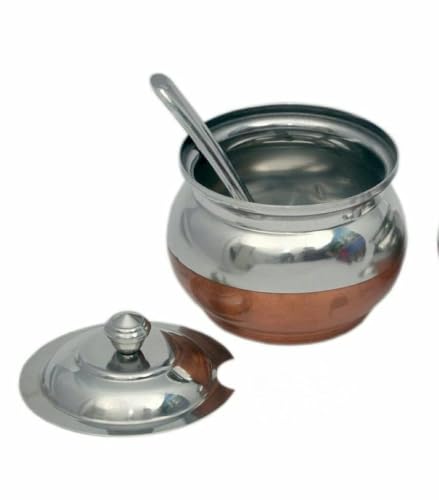 KSJONE Copper Coated Stainless Steel Ghee Pot with Spoon | Ghee Container for Kitchen | Premium Oil Container with Lid for Pooja Items, 200 ML