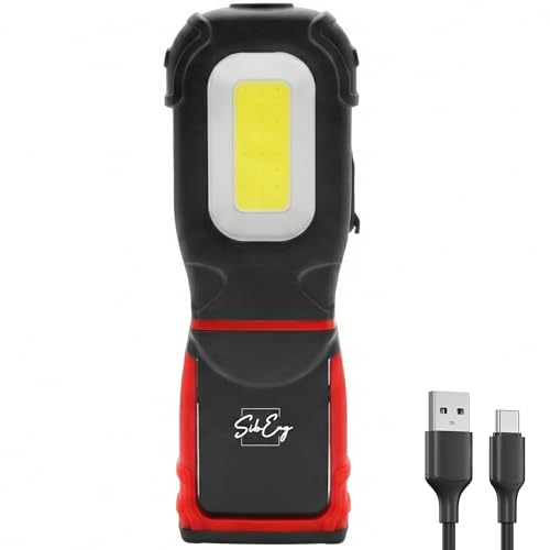 SibErg Arbeitsleuchte LED Akku (USB-C) 360 Faltbare Werkstattlampe mit Magnet Haken & Gürtelclip 500lm COB Handlampe & Taschenlampe für KFZ Camping & Outdoor (S605 1800mAh)