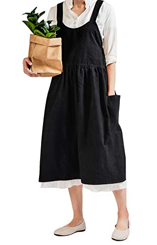 Nanxson Delantal de Lino de algodón para Mujer con 2 Bolsillos para cocinar, Hornear, Hacer Manualidades, jardinería, arreglos Florales CF3088 (Negro)