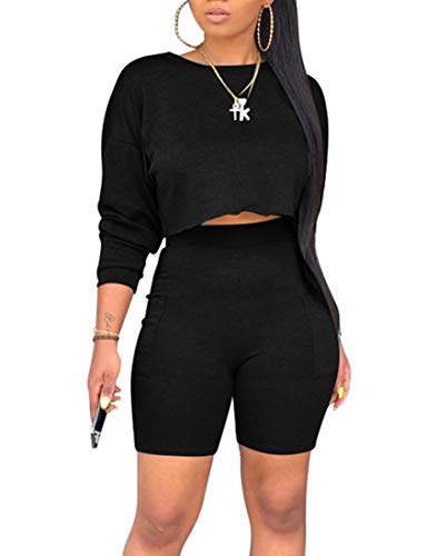 cailami Women's Casual 2 Piece Club Outfit Jumpsuit Crop Tops Bodycon Shorts Set with Pockets, XX-Large, Black