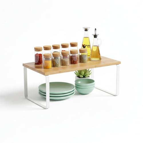 Image of Expandable Kitchen Organizer, Bamboo Finish Spice Rack with Metal Frame, Space-Saving Countertop Cabinet Shelf, Multipurpose Storage Solution (Single Rack)