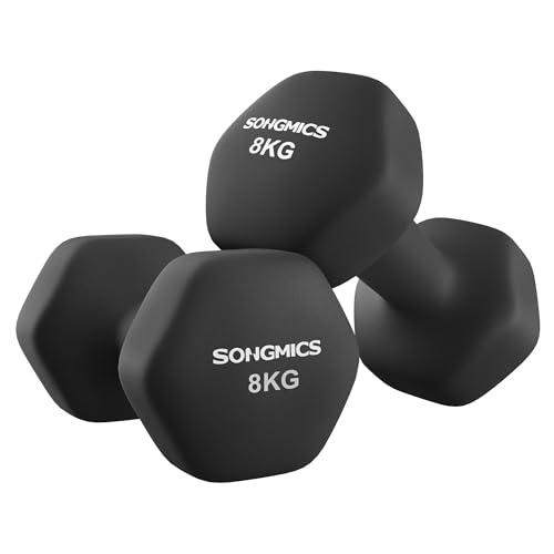 SONGMICS Set of 2 Dumbbells, 2 x 8 kg Hand Weights with Neoprene Coating, Hexagonal Dumbbells Pair, Home Workout, Fitness Training Exercise, Ink Black SYL180B01