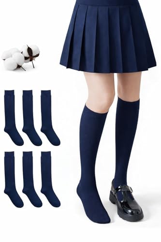 CYS Calcetines 6 Pares De Colegio Escolares Medias Largos Altos Algodón Hasta la rodilla Lisos Para Niñas Niños Infantiles unisex (TALLA 39-41, AZUL MARINO)