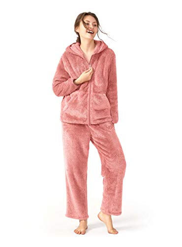 Femofit Hooded Pajamas Set for Women Long Sleeve Women Pajama Sleepwear with Zipper Soft Pjs Shu Velveteen Loungewear (Baby Pink,M)