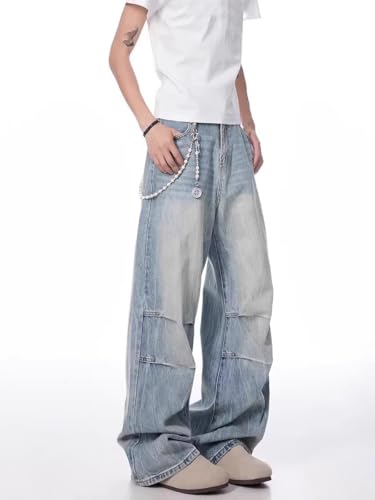Men's American Patchwork Denim Jeans Straight Wide Leg Pants4