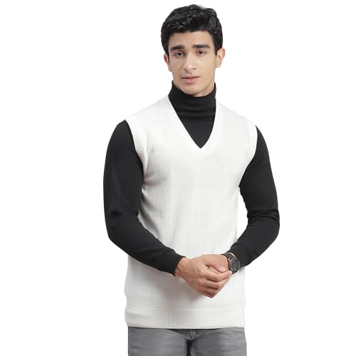 Image of Monte Carlo Off White Solid V Neck Sweater | Warm Woolen Pullover for Men | Soft Comfortable Knitted Winter Wear Sweater for Men's