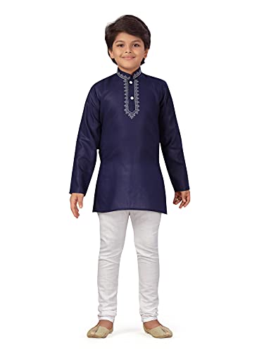 Image of AJ Dezines Kids Cotton Embroidered Navy Blue Kurta Pyjama for Boys (15-16 Years)