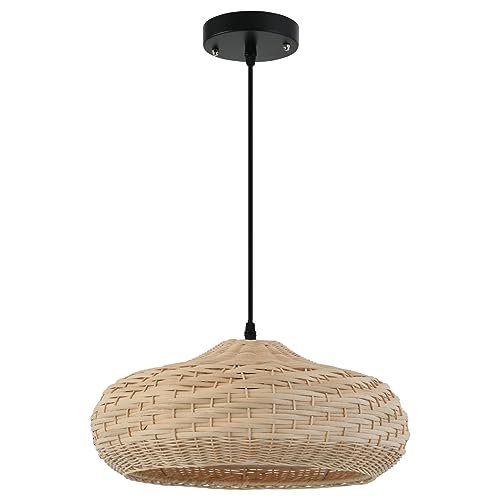 JIA LE SHI Boho Woven Rattan Pendant Light for Kitchen Island 15.74” Dome Ceiling Woven Pendant Lighting for Dining Room Bedroom Foyer Hallway