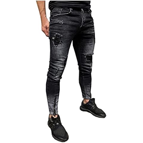 MILAX Men's Skinny Jeans Destroyed Ripped Ripped Slim Fit Stretch Distressed Denim with Ripped Ankle Zip for Men Jeans, black, S Cover