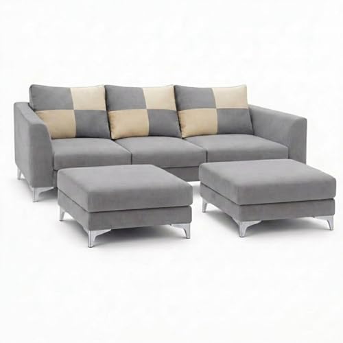 Image of Juliet 4 Seater L Shape Sofa Set with Movable Ottomans | Flexible Layout | Rich Velvet Suede Fabric | Silver Legs | Modern Sofa for Living Room (Light Grey)