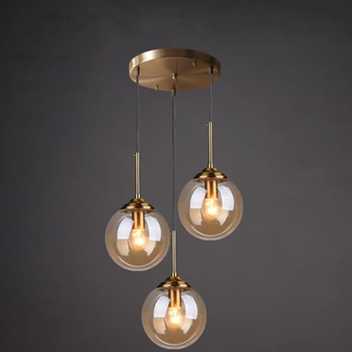 DLSixYi Lustre en laiton vintage industriel à 3 lumières Transparent/Gris fumé/Boule de verre ambre Suspension Cluster E27 Suspension pour îlot de cuisine Salon Amber