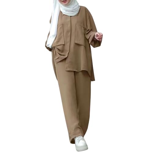 Image of ODIZLI Muslim Long Sleeve Blouse Wide Leg Pants Suits Autumn Solid Abaya Women Matching Sets 2PCS Tracksuits Turkey Kaftan