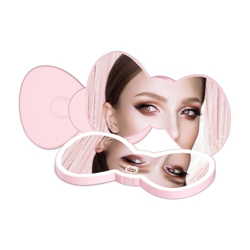 Impressions Vanity Hello Kitty Bow LED Compact Mirror Double Sided Cute Travel Makeup Mirror Soft Touch Button with Slide Down Auto Shut Off (Large)