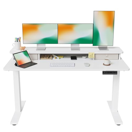 Image of FEZIBO 63 x 28 Inch Deeper Height Adjustable Electric Standing Desk with Double Drawers, Sit Stand Up, Home Office Computer Desk with 4 Height-Adjustable Feets & 2 Hooks, White Frame /White Top