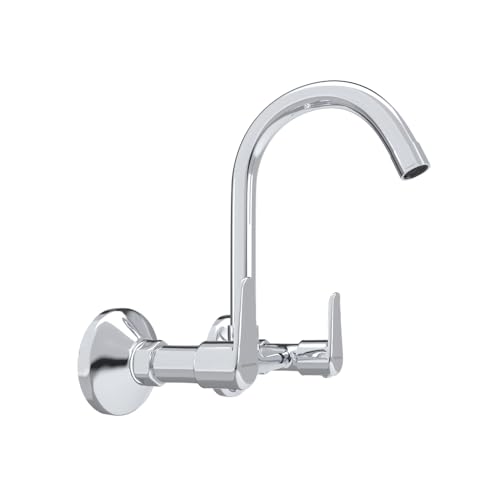 Image of Johnson Sega Brass Wall Mounted Kitchen Sink Mixer Tap with 360 Swivel Spout | Hot & Cold Water Faucet | Chrome Finish | 2 Flanges Included | 10 Years Warranty