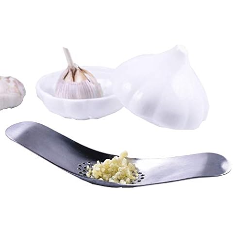 Rocaware Garlic Keeper Saver and Press, 2Pcs Garlic Tools Keep Garlics Fresh with Quick Crusher Mincer Cover