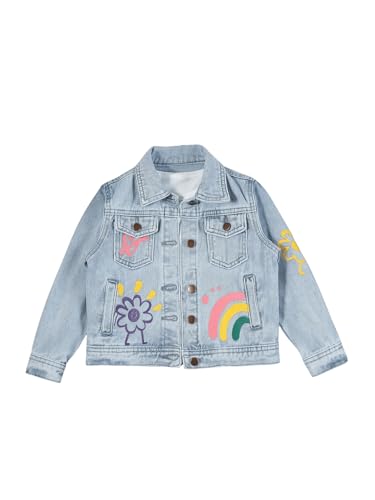 MakeMeChic Girl's Floral Cartoon Print Denim Jacket Long Sleeve Button Down Coat Streetwear