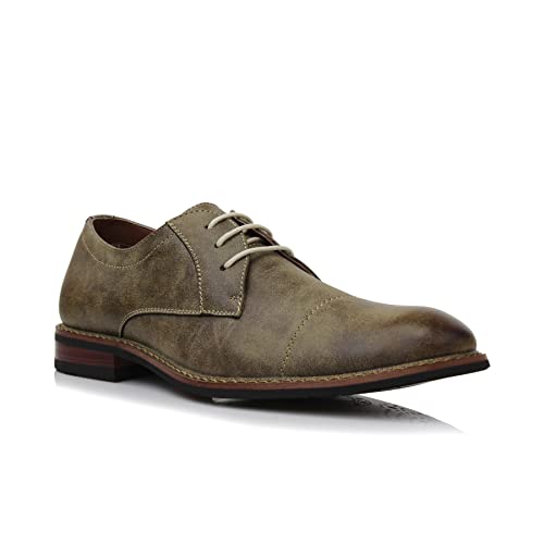Ferro Aldo Jason Men's Rustic Cap-Toe Derby | Casual Dress Shoe with a Weathered Finish and Contrast Stitching | MFA19275PL | in Rustic Brown, Size 9